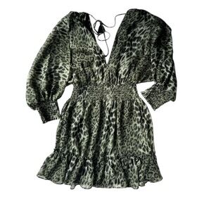 Lovestich green Leopard animal Print Dress with Black Accents flowy ruffle